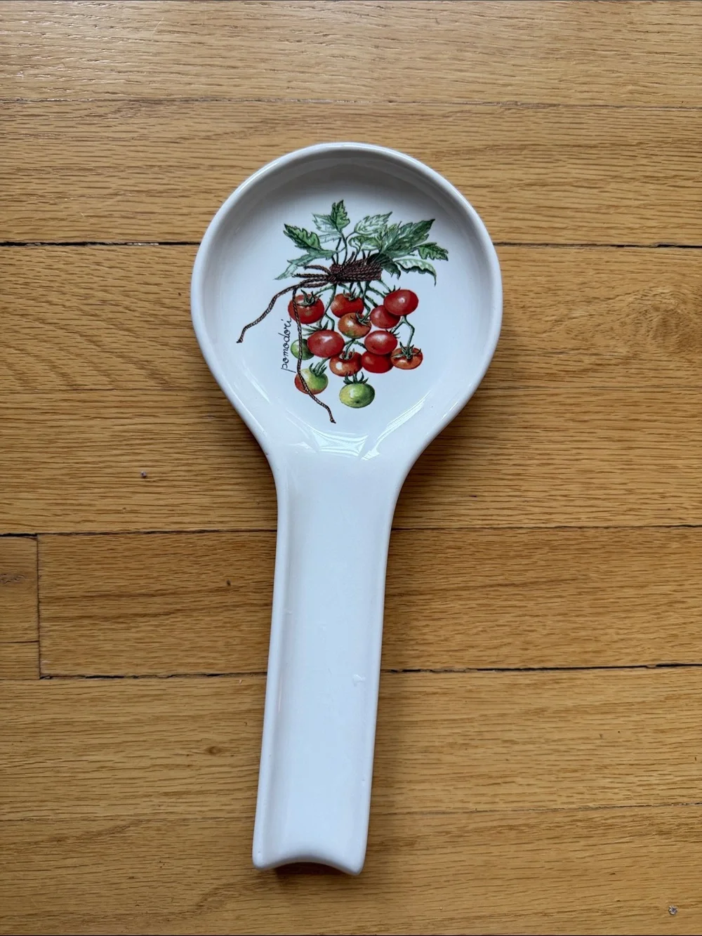 White Ceramic Spoon Rest with Red and Green Tomato Motif